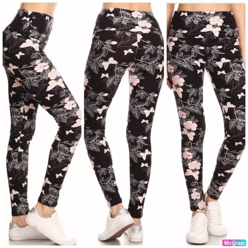 Leggings Depot Ultra Soft High Waist Fashion Legging Pink Flowers Butterflies OS